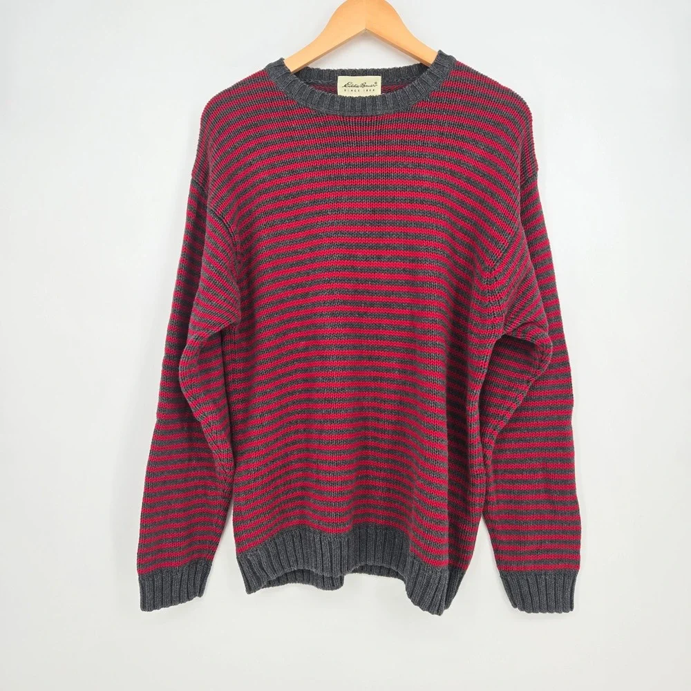 Vintage Eddie Bauer Mens M Red Gray Striped 100% Cotton Crewneck Knit Sweater